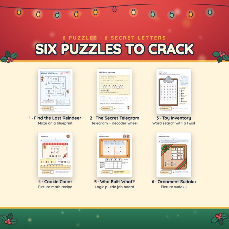 Six puzzles to crack: a blueprint maze, a secret telegram with a decoder wheel, a word search, picture math, a logic puzzle and a picture sudoku