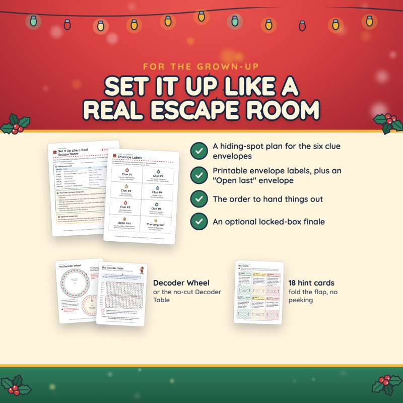 Set it up like a real escape room: a hiding-spot plan, envelope labels, the Decoder Wheel or no-cut table and 18 hint cards