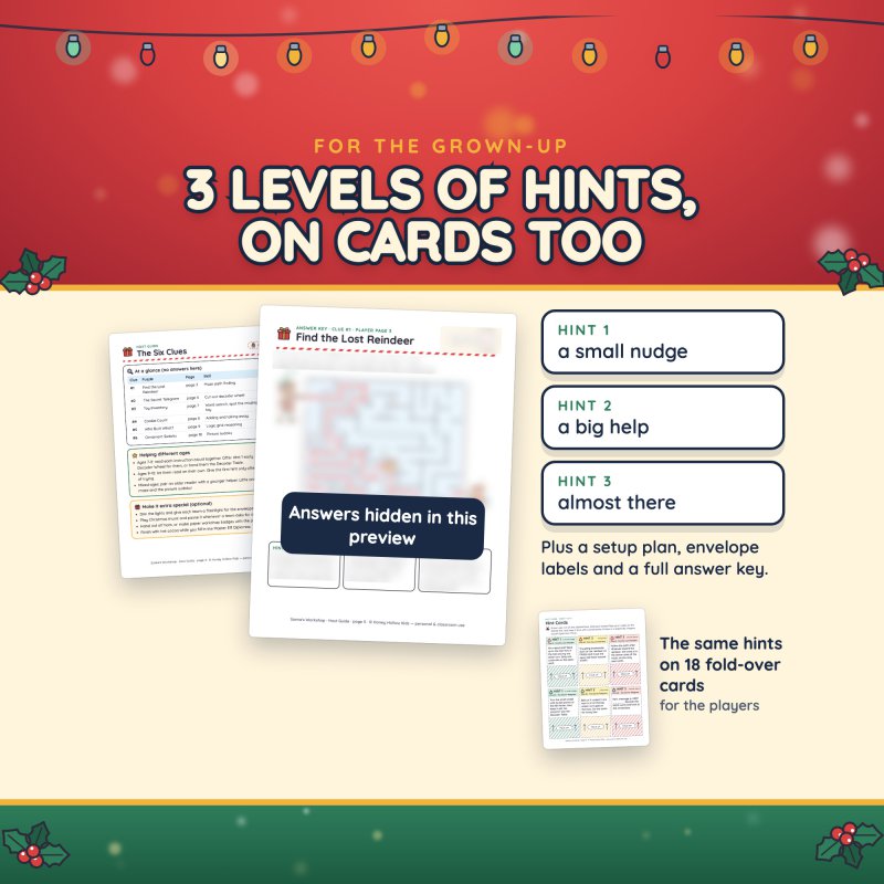 Three levels of hints, also on fold-over cards for the players (answers hidden in this preview)