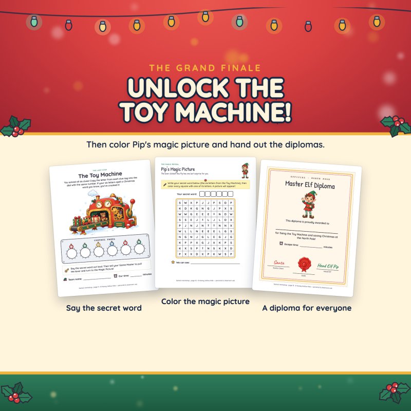 The grand finale: the Toy Machine, Pip's Magic Picture and the Master Elf Diploma