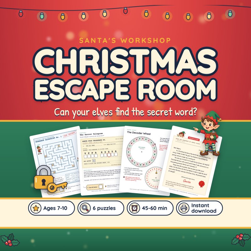 Santa's Workshop Christmas Escape Room cover: the title over the printed pages (blueprint maze, Secret Telegram, Decoder Wheel, Santa's letter) with Head Elf Pip; ages 7-10, 6 puzzles, 45-60 minutes, instant download