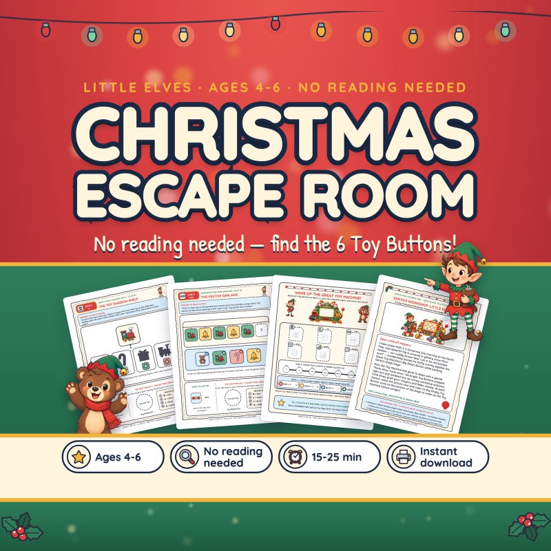 Little Elves Christmas escape room cover for ages 4-6: Head Elf Pip and Mallow Bear with the Toy Machine and the picture clue pages; no reading needed