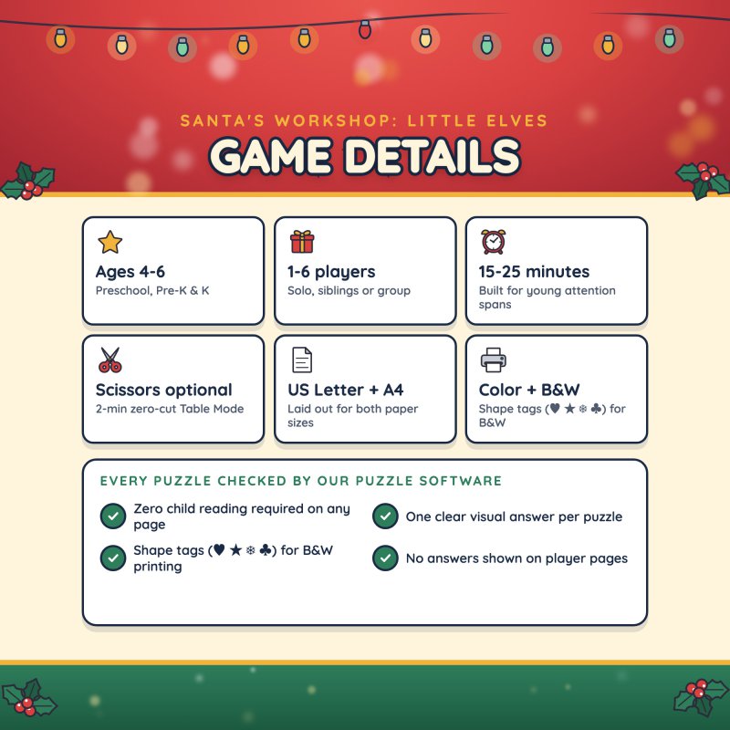Game details: ages 4-6, 1-6 players, 15-25 minutes, no reading needed, US Letter and A4