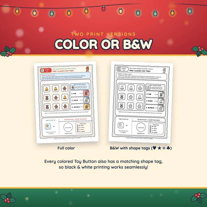The same clue page in full color and in printer-friendly black & white with shape tags