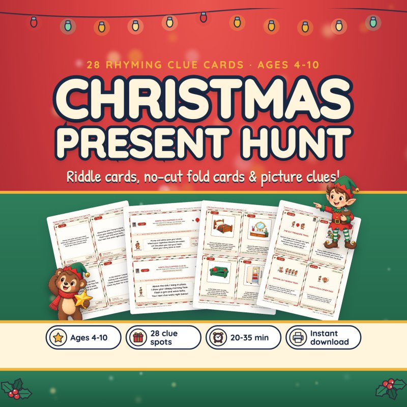 Christmas Morning Present Hunt cover for ages 4-10: rhyming riddle cards and picture clue cards leading to a wrapped present under the tree