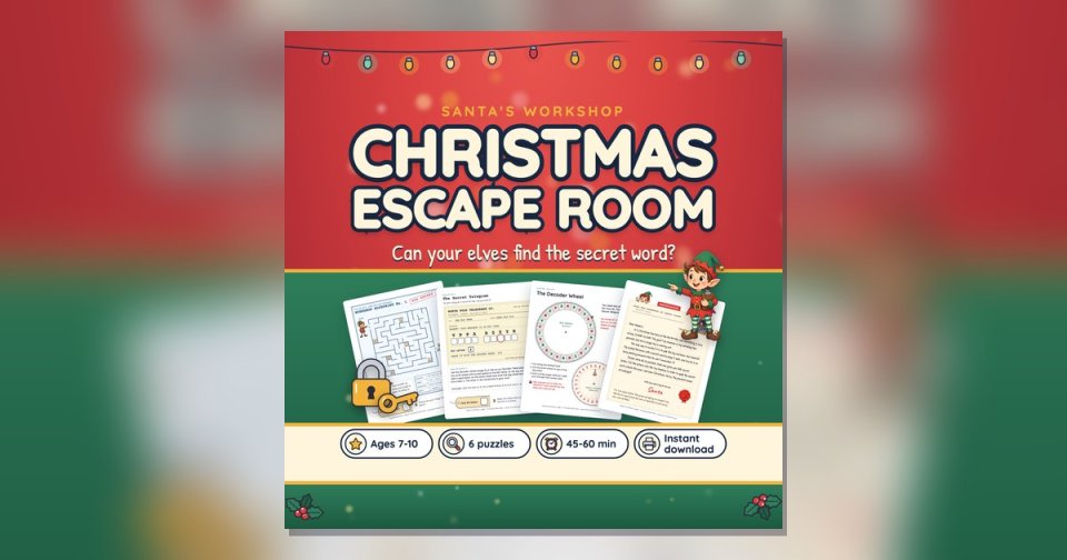 Santa's Workshop Christmas escape room pages laid out for a Christmas Eve game night