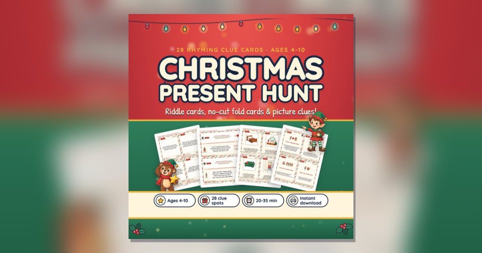 Christmas Morning Present Hunt riddle and picture clue cards