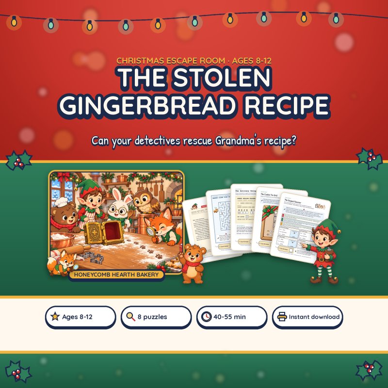 The Stolen Gingerbread Recipe Christmas escape room cover for ages 8-12: Honeycomb Hearth Bakery scene, fanned clue pages, Detective Finn and Head Elf Pip; 8 puzzles, 40-55 minutes, instant download