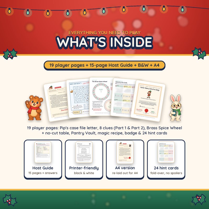 What's inside: 19 player pages, a 15-page Host Guide, a printer-friendly black & white version, A4 pages and 24 hint cards