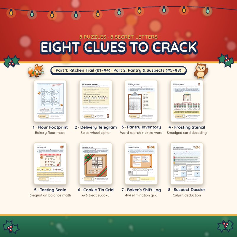 Eight clues to crack: blueprint maze, delivery telegram with spice wheel, pantry word search, frosting stencil code, tasting scale math, cookie tin sudoku, shift log logic and suspect dossier