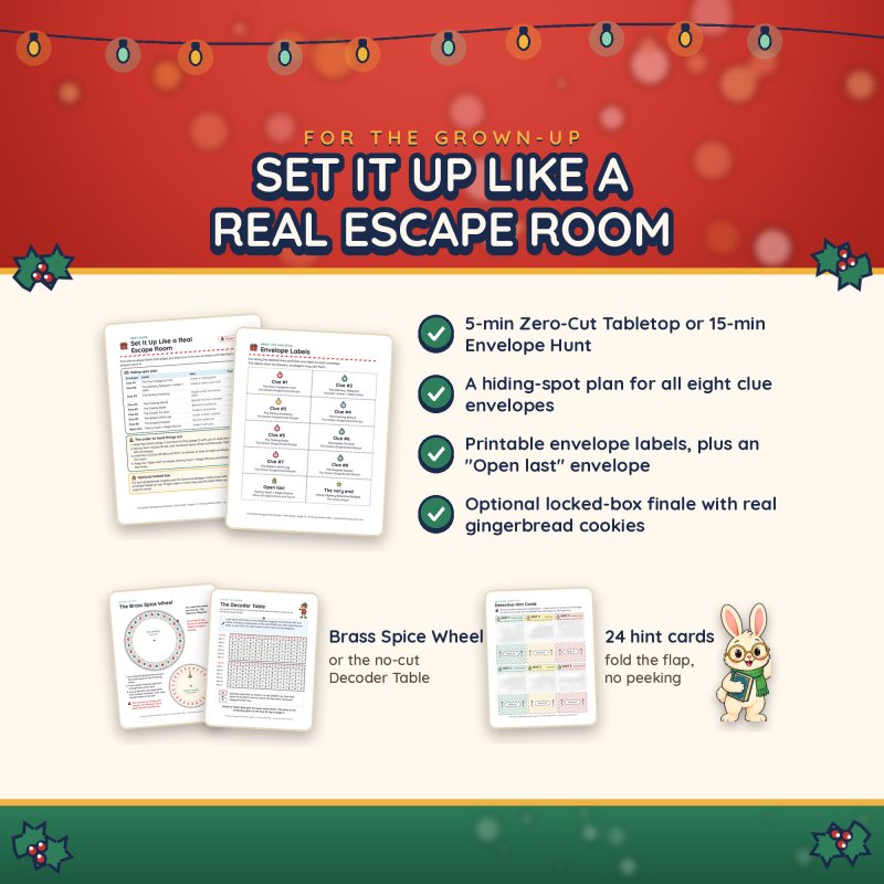Two ways to set it up: 5-minute Zero-Cut Tabletop Mode or 15-minute Envelope Hunt Mode with hiding plan and labels