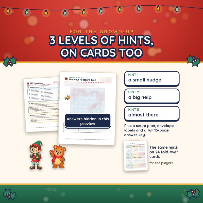 The 15-page Host Guide with step-by-step answers and three levels of hints, also on 24 fold-over cards (answers hidden in this preview)