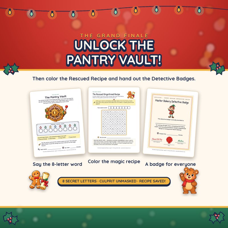 The grand finale: the Pantry Vault lock page, the Rescued Gingerbread Recipe magic picture and the Master Bakery Detective Badge