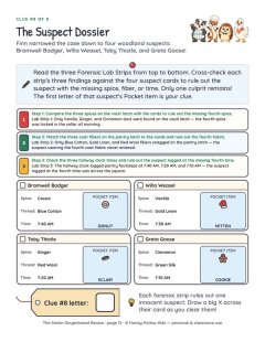 Clue 8 · The Suspect Dossier (forensic lab strips and four woodland suspects)