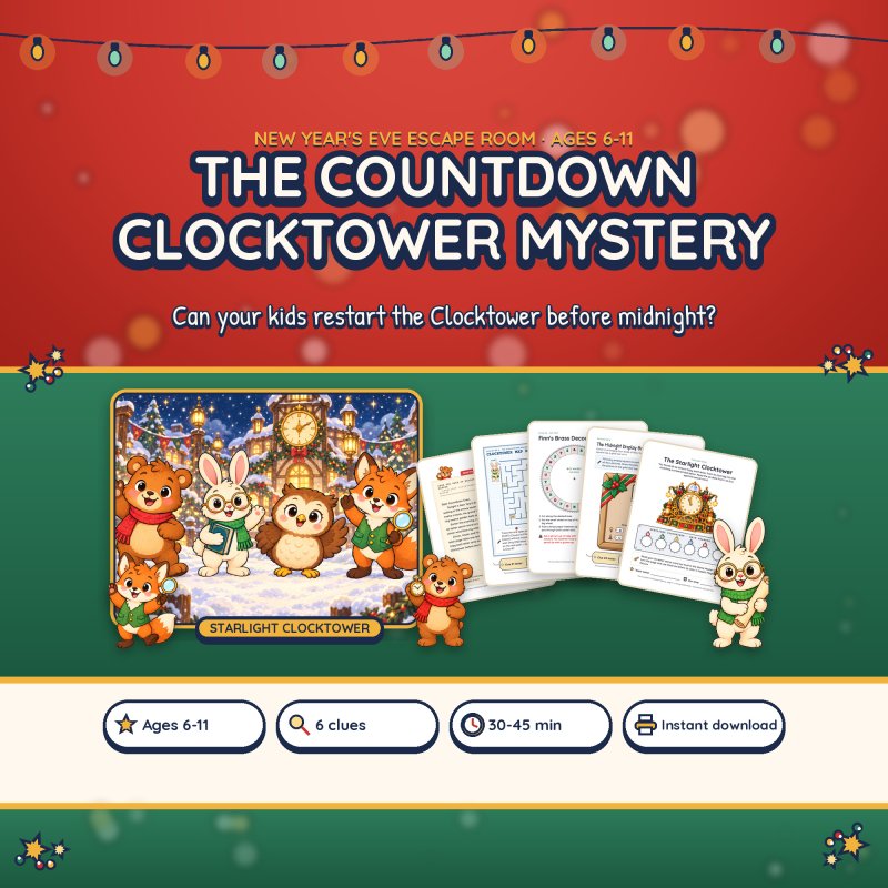 The Countdown Clocktower Mystery New Year's Eve escape room cover for ages 6-11: Starlight Clocktower scene with Mallow, Clover, Hazel and Finn, fanned clue pages and badges for 6 clues and 30-45 minutes