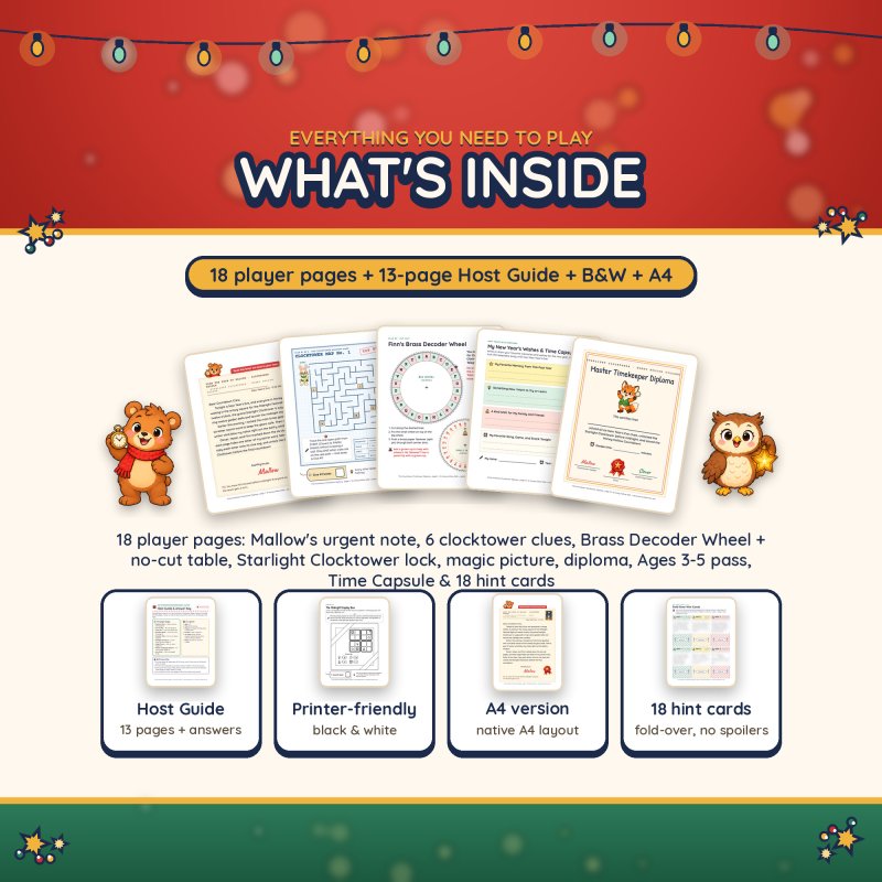 What's inside: 18 player pages, a 13-page Host Guide, a printer-friendly black & white version, A4 pages and 18 hint cards