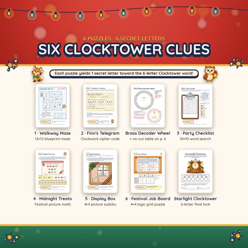 Six clocktower clues: 12x12 blueprint walkway maze, Finn's clockwork telegram with decoder wheel and no-cut table, 10x10 party checklist word search, midnight treats picture math, 4x4 display box picture sudoku and festival job board logic puzzle, plus the Starlight Clocktower lock