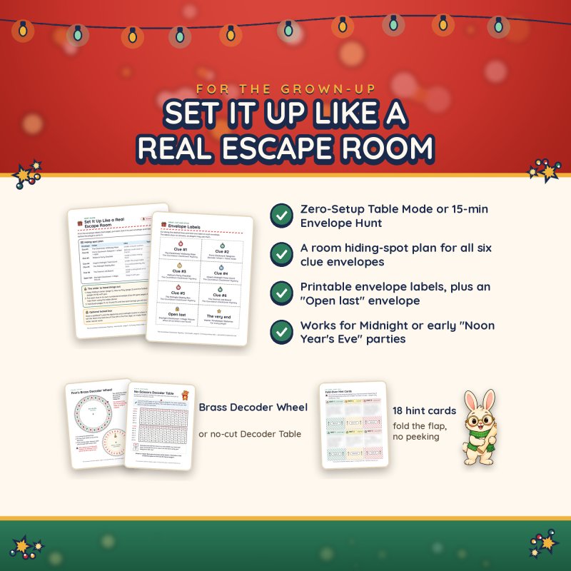 Set it up like a real escape room: Zero-Setup Table Mode or 15-minute Envelope Hunt with hiding-spot plan, printable envelope labels, Brass Decoder Wheel or no-cut table, and 18 fold-over hint cards