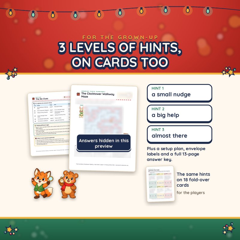 The 13-page Host Guide with three levels of hints per clue, also printed on 18 fold-over player cards (answers hidden in this preview)