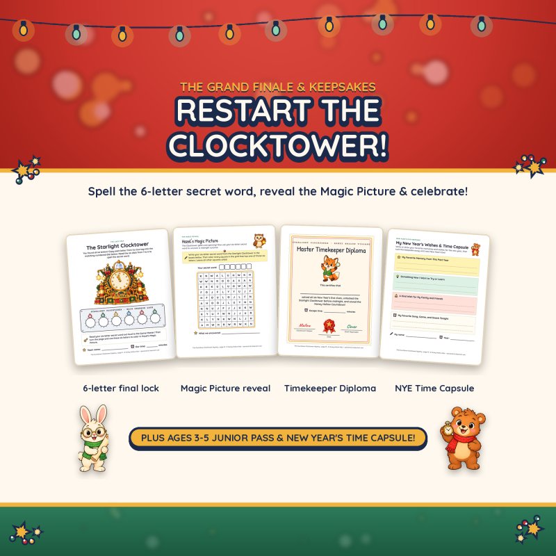 The grand finale and keepsakes: the Starlight Clocktower 6-letter lock page, Hazel's Magic Picture reveal, the Master Timekeeper Diploma, the New Year's Time Capsule and the ages 3-5 Junior Pass