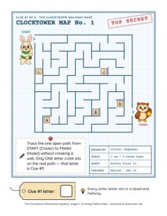 Clue 1 · The Clocktower Walkway Maze (12x12 blueprint maze with Clover and Hazel)