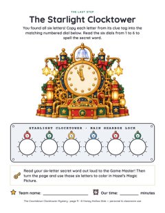 The Starlight Clocktower: write the six clue letters into the brass dials to spell the secret word