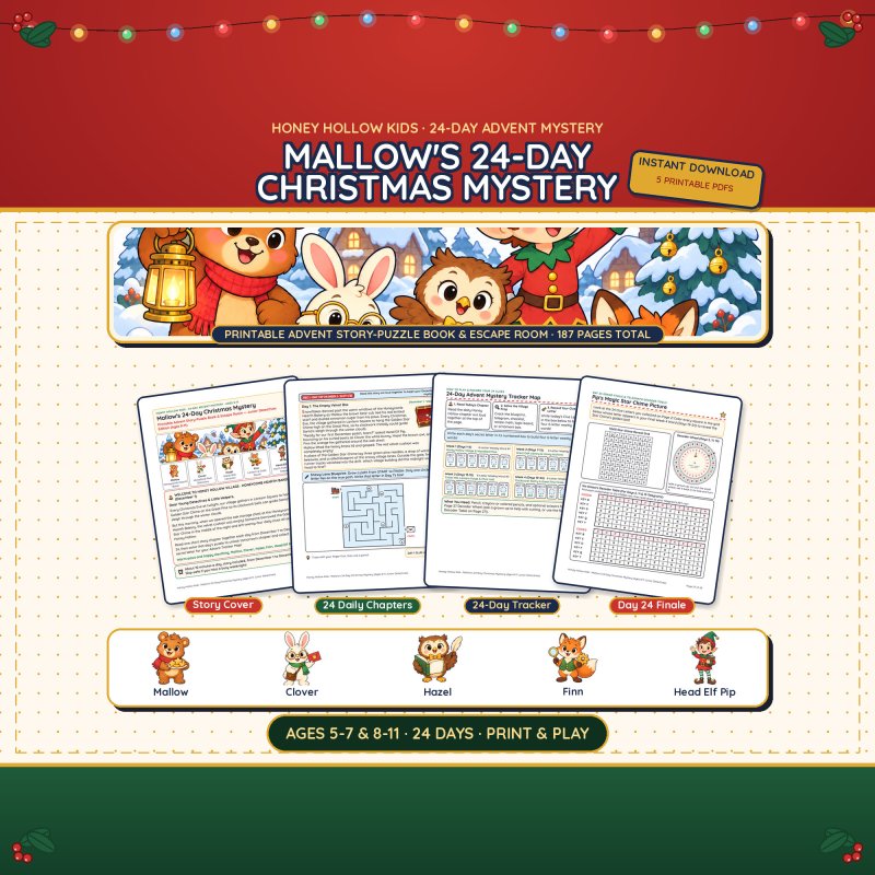 Mallow's 24-Day Christmas Mystery Advent story and puzzle book cover for ages 5-7 and 8-11: snowy Honey Hollow scene with Mallow, Clover, Hazel, Finn and Head Elf Pip, plus sample story and puzzle pages
