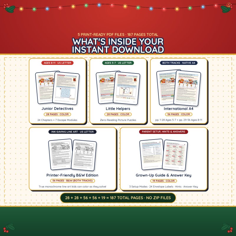 What's inside: 5 print-ready PDFs, 187 pages in all: Junior Detectives (ages 8-11, 28 pages), Little Helpers (ages 5-7, 28 pages), both tracks in A4 (56 pages), printer-friendly black & white (56 pages) and the 19-page Grown-Up Guide & Answer Key