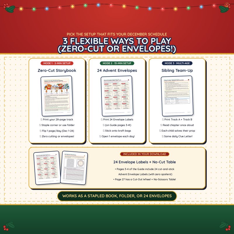 Three ways to play: zero-cut storybook (2-minute setup), 24 Advent envelopes (15-minute setup with printable labels) or sibling team-up, plus the no-cut Decoder Table