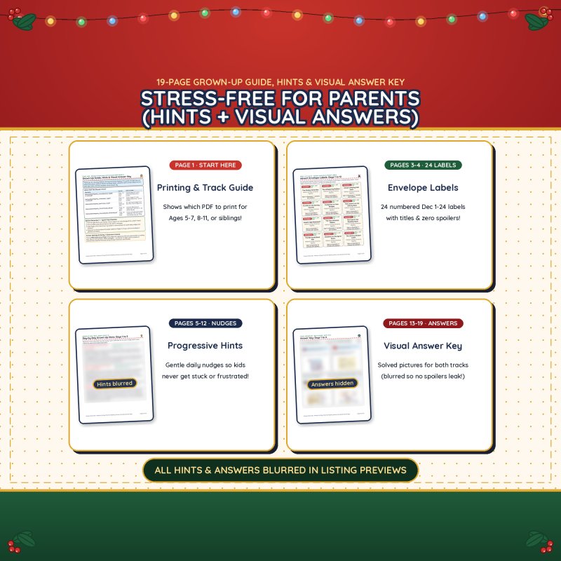 The 19-page Grown-Up Guide: Start Here print guide, 24 envelope labels, progressive hints and visual answer keys for both tracks (answers blurred in this preview)