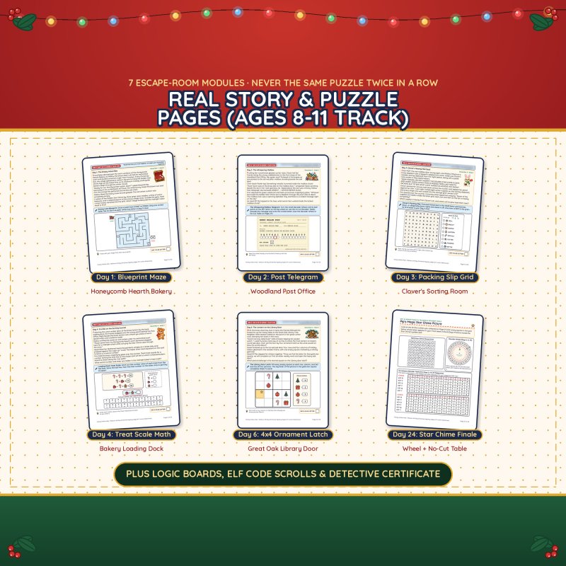 Real story and puzzle pages from the ages 8-11 track: Day 1 blueprint maze, Day 2 post telegram, Day 3 packing slip word search, Day 4 treat scale math, Day 6 4x4 ornament latch and the Day 24 Star Chime finale