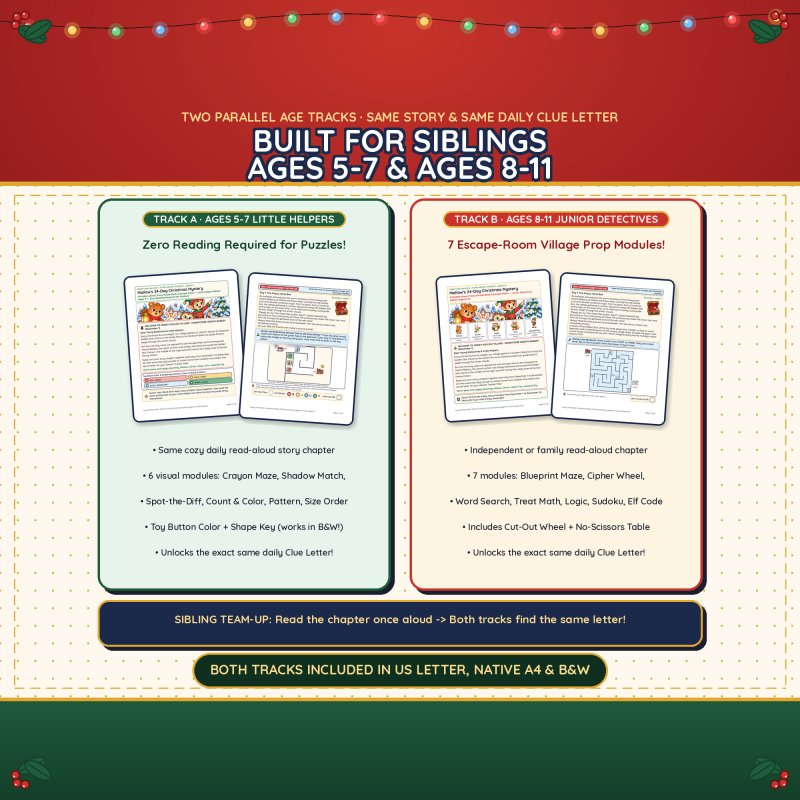 Built for siblings: the Little Helpers track (ages 5-7, picture puzzles, no reading needed) and the Junior Detectives track (ages 8-11, escape-room props) share the same story and the same daily Clue Letter