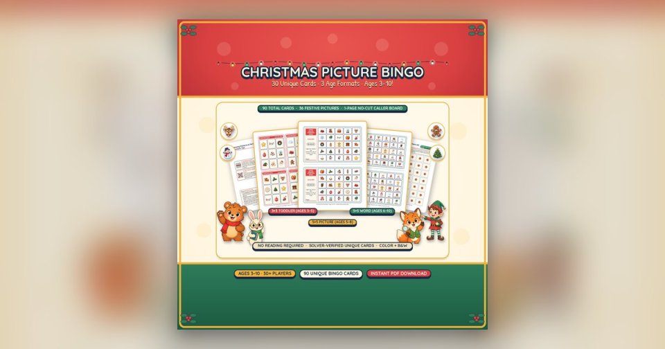 Christmas Picture Bingo cover: 3x3 and 5x5 picture bingo cards fanned out, with the Honey Hollow friends and Head Elf Pip