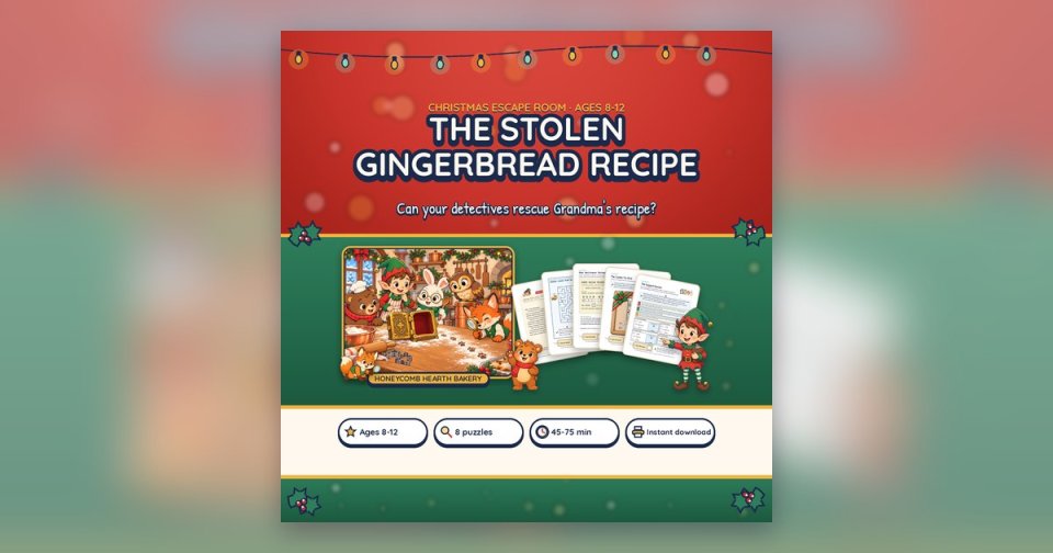 The Stolen Gingerbread Recipe cover: Head Elf Pip with a bear, rabbit, owl and fox around an open brass vault in Honeycomb Hearth Bakery, fanned clue pages, and badges for ages 8–12, 8 puzzles and 45–75 minutes
