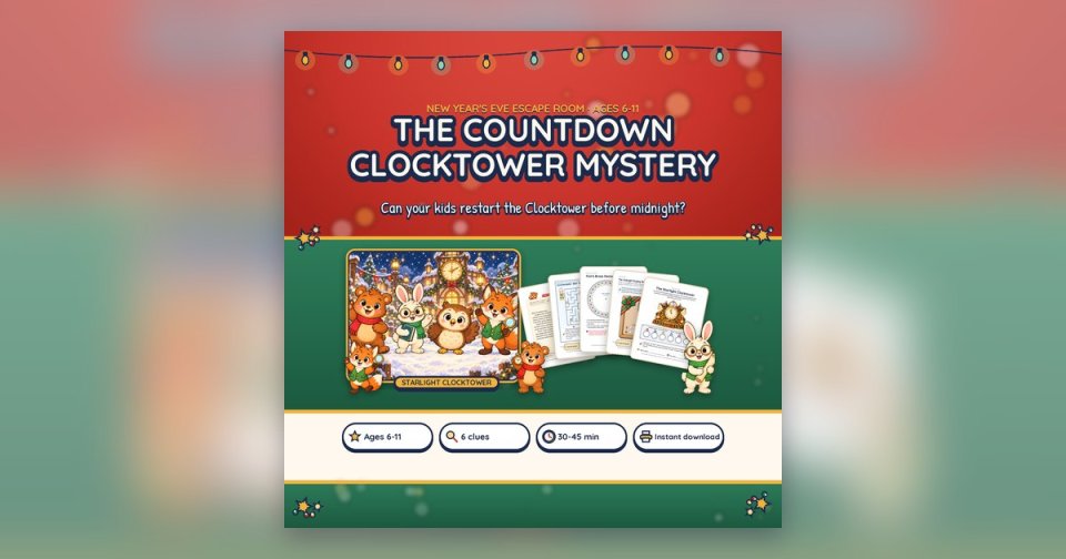 The Countdown Clocktower Mystery cover: Mallow, Clover, Hazel and Finn in the snowy square below the Starlight Clocktower, beside fanned clue pages, with badges for ages 6–11, 6 clues and 30–45 minutes