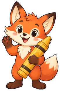 The fox cub holding a giant yellow crayon